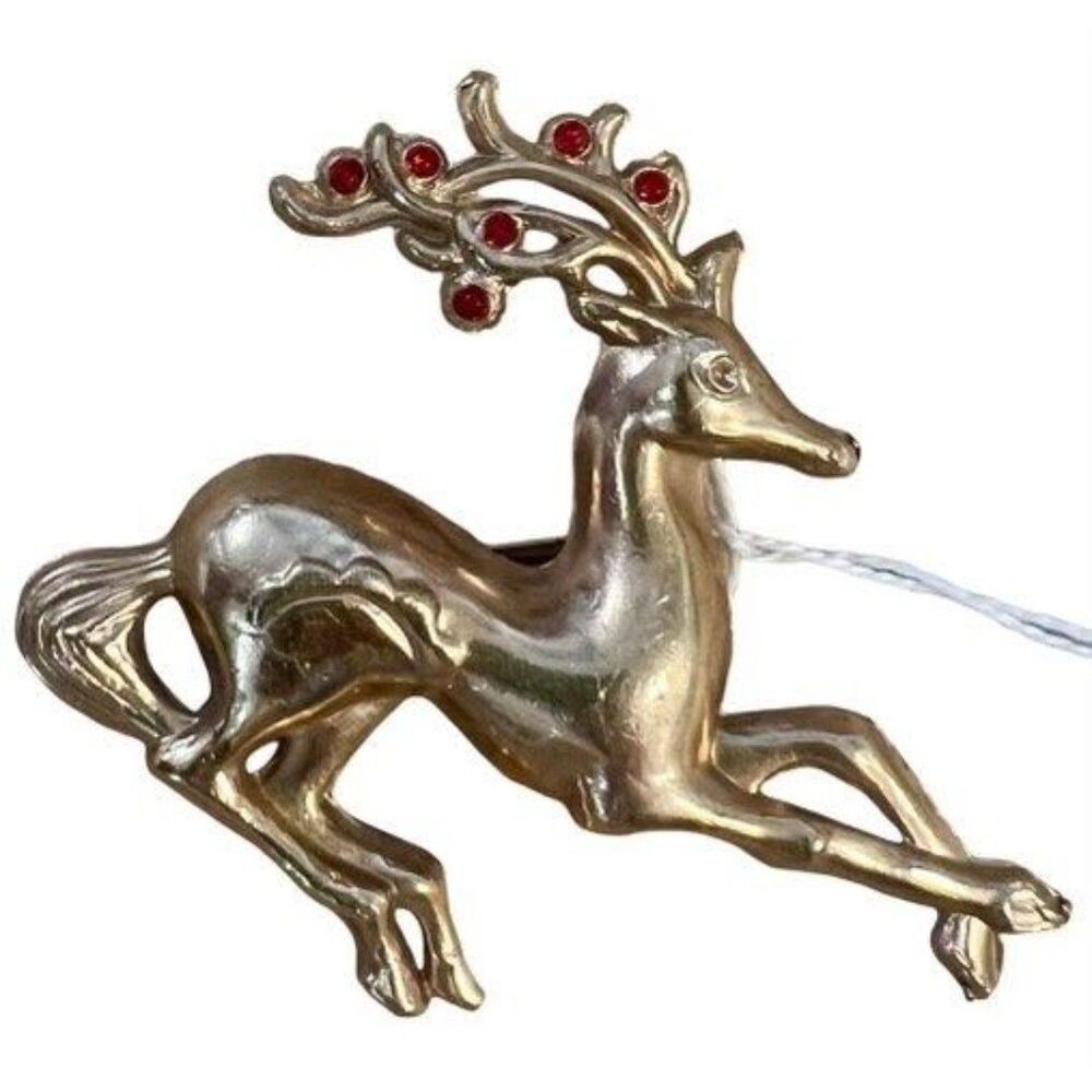 Art Deco Stag Reindeer Gold Plated Brooch Pin Deer Figural Pink Rhinestones